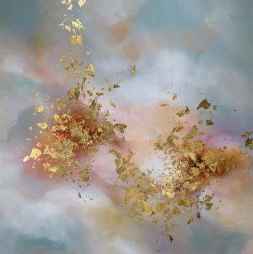 Abstract painting in Soft sunset colors with gold leaf, cloud forms in an atmospheric style