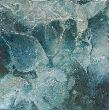 Abstract water painting in atmospheric style: textured tropical water blues, whites, silver leaf