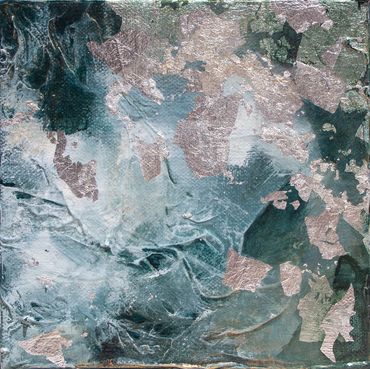 Abstract water painting in atmospheric style: blues, greens, whites, silver leaf