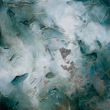Abstract water painting in atmospheric style: tropical water blue greens,whites, silver leaf