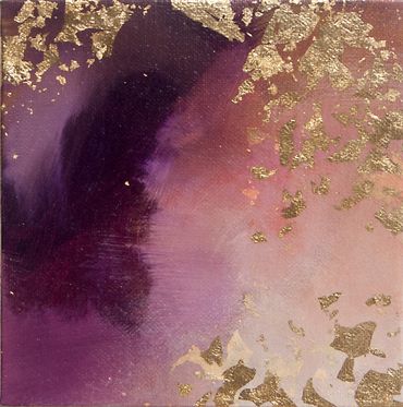 Abstract painting in atmospheric style: rich purples and rose/creams with gold leaf