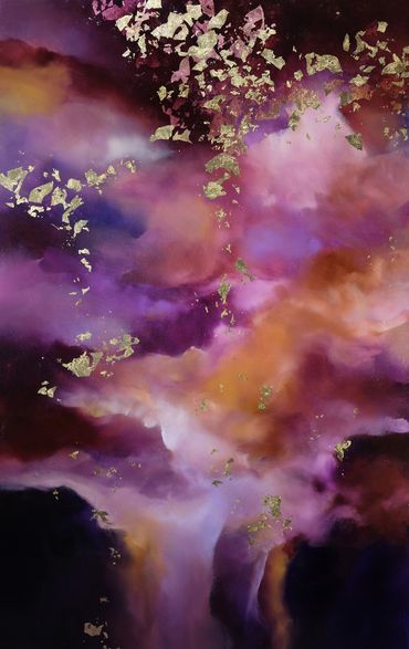 Abstract painting atmospheric style shades of purples, deep reds, golds, creams, whites, gold leaf 
