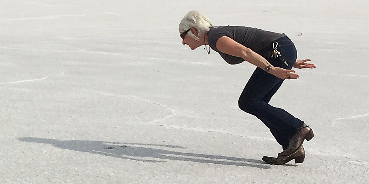 Valerie Ostenak running on the Bonneville Salt Flats