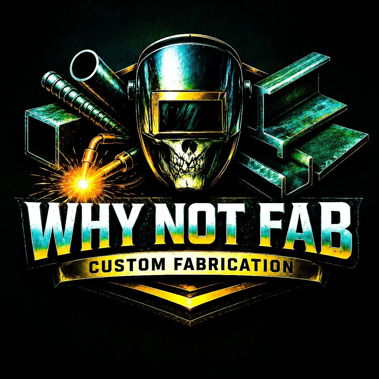 Logo for Why Not Fab, custom metal fabrication with welding tools and skull helmet.