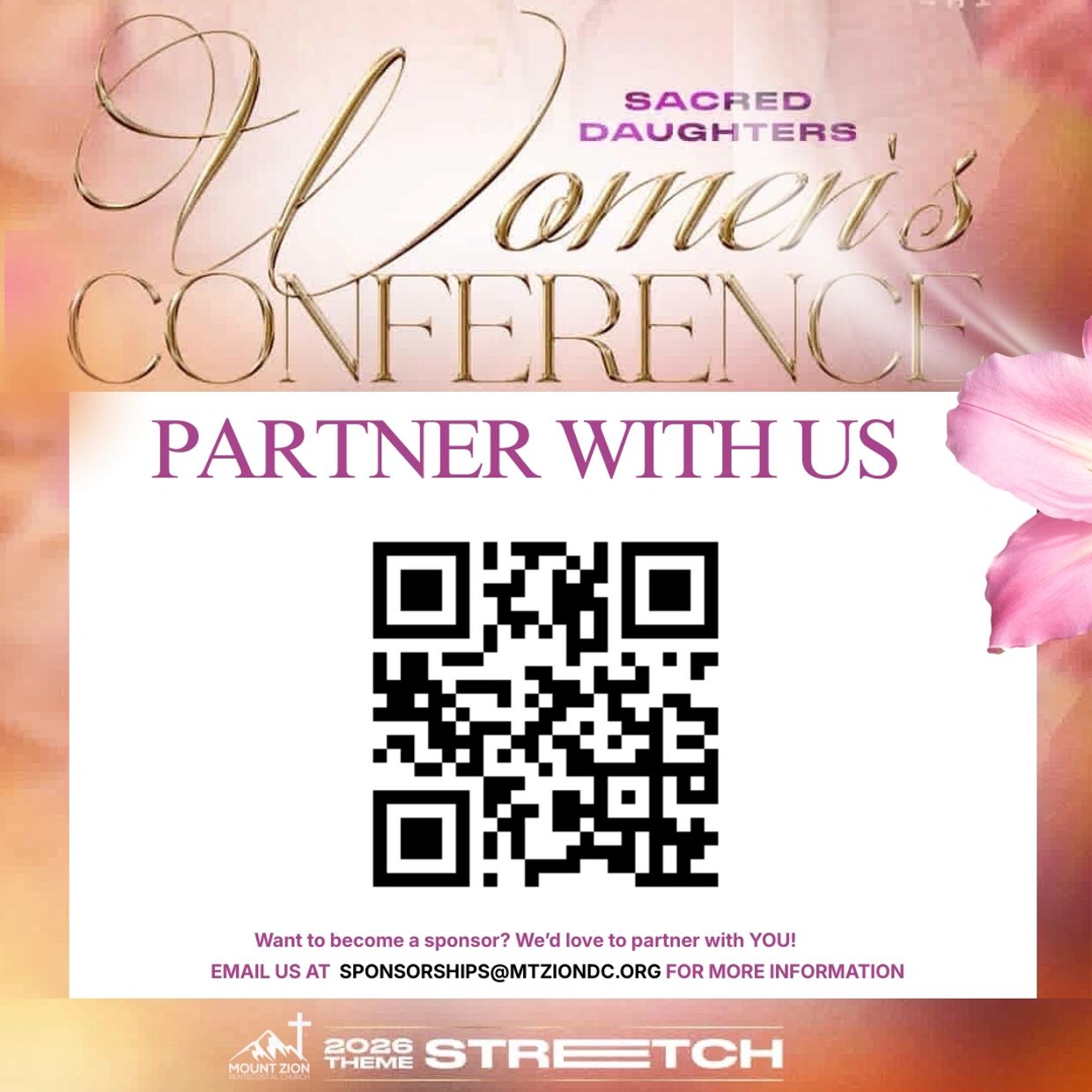 Sacred Daughters' Women's Conference partner with us invitation with QR code.