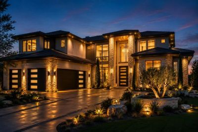 Modern illuminated luxury house at dusk.