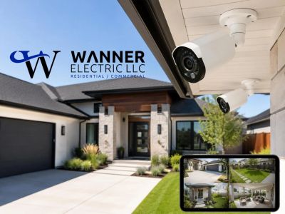 Home security cameras monitoring a modern house.