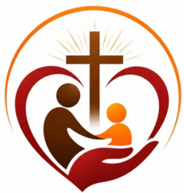 Christian love and care symbol with cross, heart, and figures.