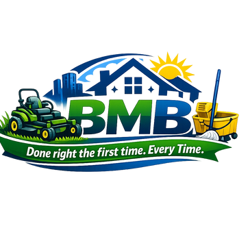 Logo for BMB featuring landscaping and cleaning tools with the slogan.