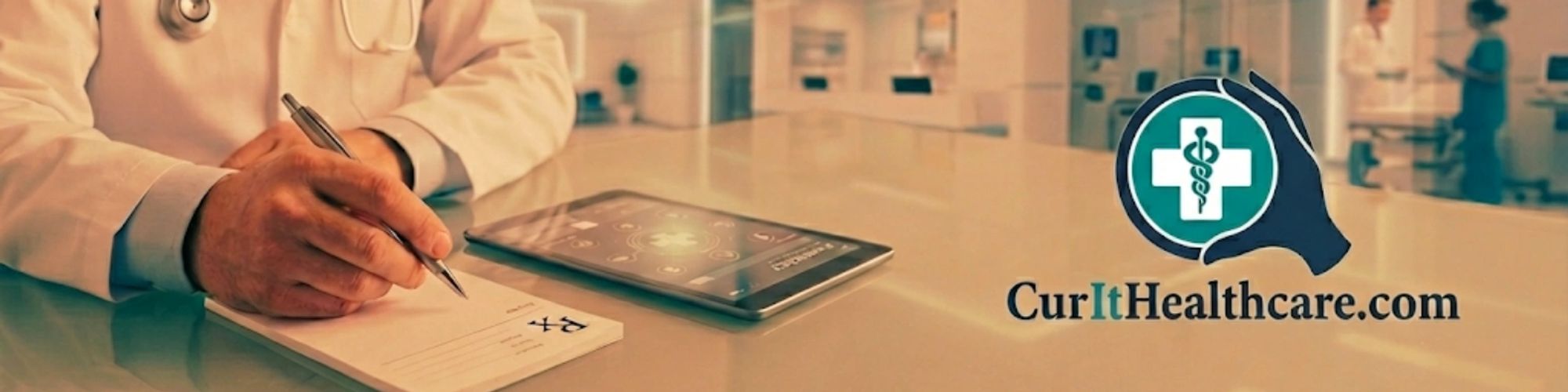 Image of a Clinician signing off a prescription form beside a tablet.