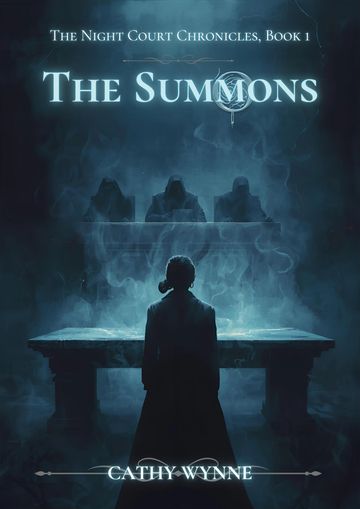 Dark, mysterious book cover showing a figure facing three hooded judges.