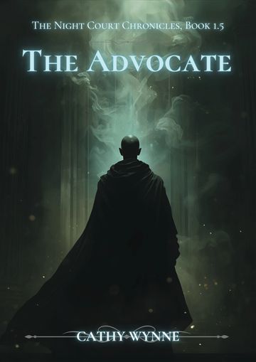 A mysterious cloaked figure stands in mist on the cover of 'The Advocate' by Cathy Wynne.