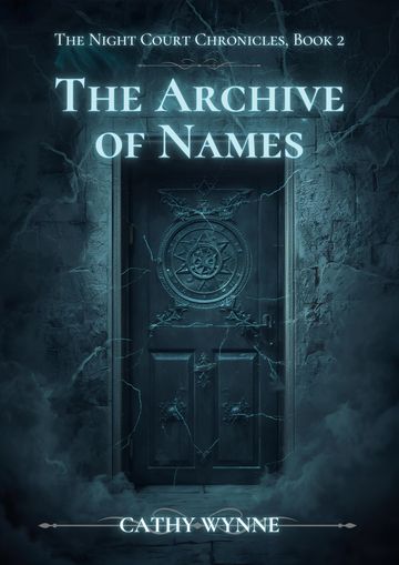 Dark, mysterious book cover featuring a locked door with arcane symbols, titled 'The Archive of Names'.