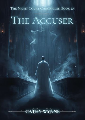 A cloaked figure stands in a dark, misty courtroom under a glowing light.