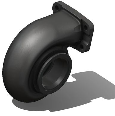 Black turbocharger housing component casting with flange.