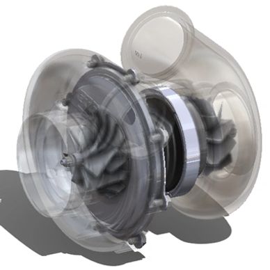 Transparent 3D model of a turbocharger showing its internal components.