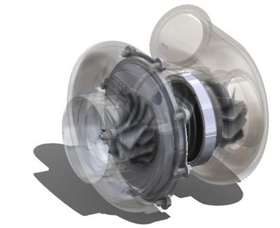 Transparent 3D model of a turbocharger showing internal components.