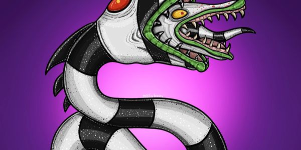 A stylized dragon with black and white stripes on a purple background.