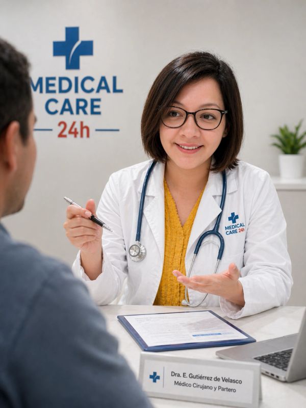 Female doctor consulting a patient in a medical care clinic.