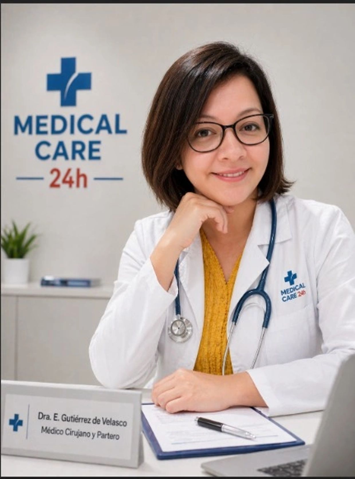 Female doctor with glasses and stethoscope at a medical care office.