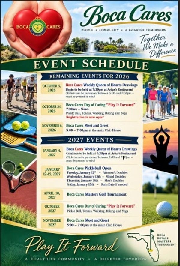 Boca Cares event schedule for 2026-2027 with community activities.