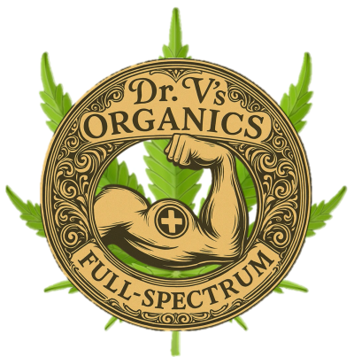 Logo of Dr. V's Organics featuring a muscular arm and cannabis leaf.
