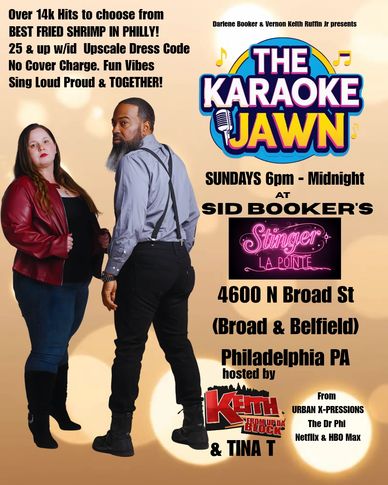 Advertisement for The Karaoke Jawn event every Sunday at Sid Booker's Stinger La Pointe in Philadelphia.