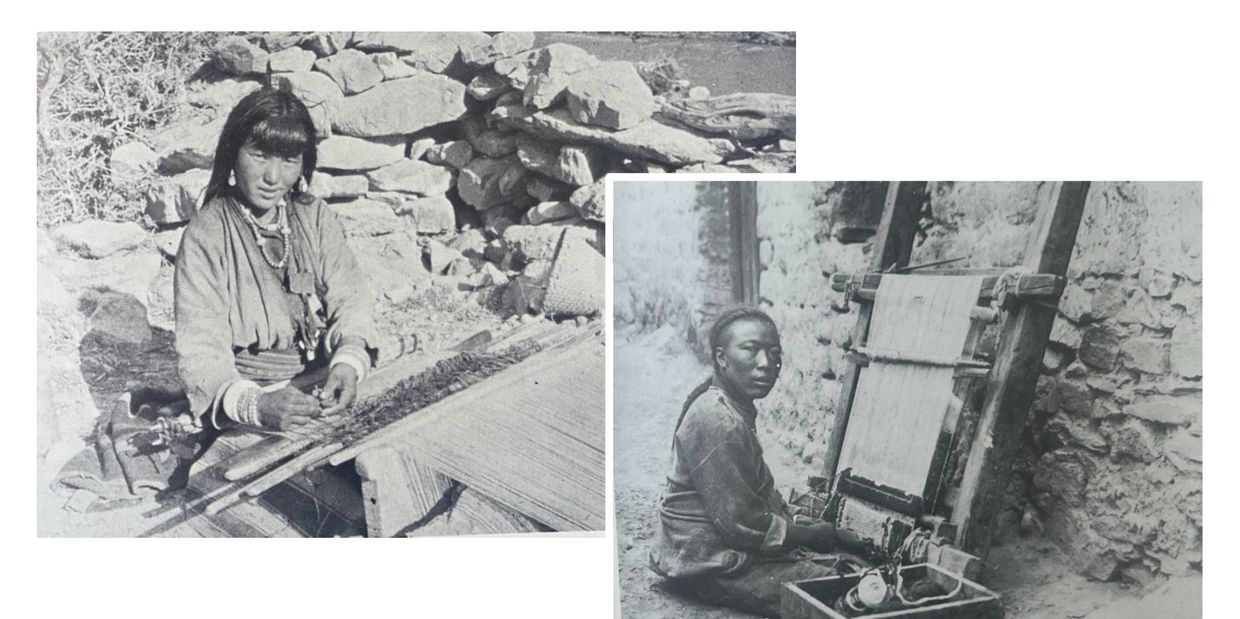 Two black-and-white photos of a woman and a man weaving textiles using traditional looms outdoors.