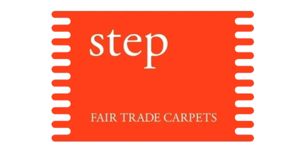Logo of Step Fair Trade Carpets on a red carpet design.
