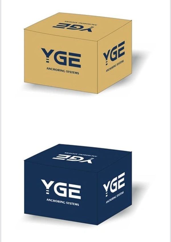 Two boxes with YGE Anchoring Systems logo, one brown and one dark blue.