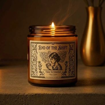 Lit scented candle labeled 'End of the Shift' on a surface with warm lighting.