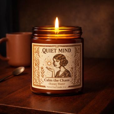 A lit Quiet Mind candle on a wooden table with a cup and spoon in the background.