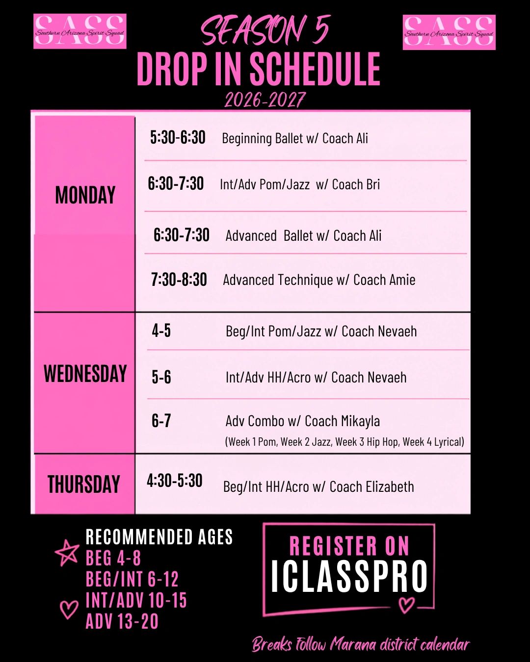 Southern Arizona Spirit Squad Season 5 drop-in schedule for 2026-2027.