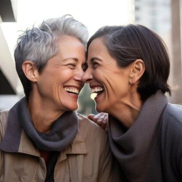 Senior LGBTQ couple enjoying a laugh together. Representing Reverse Mortgage, mortgages.