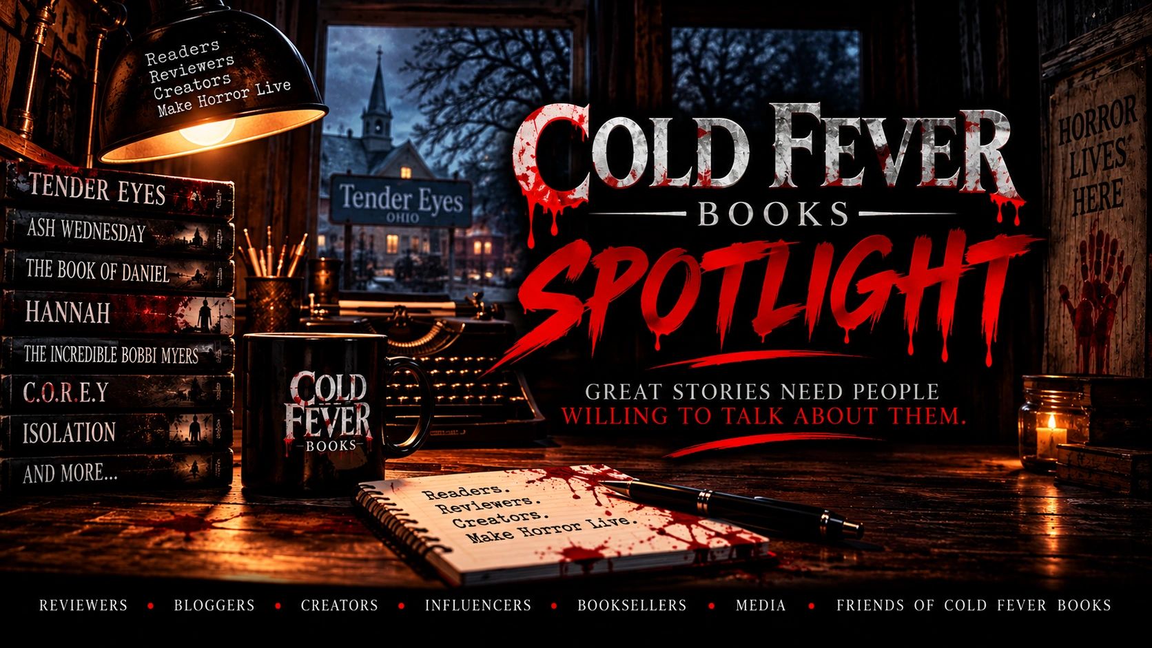 Cold Fever Books Spotlight with horror-themed books and blood splatters.