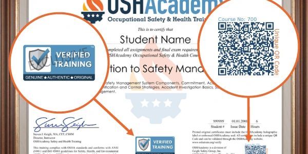 Framed OSHA certificate with verified training badge and QR code for authenticity.