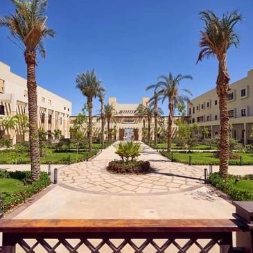Palm-lined walkway in a sunny courtyard between buildings.