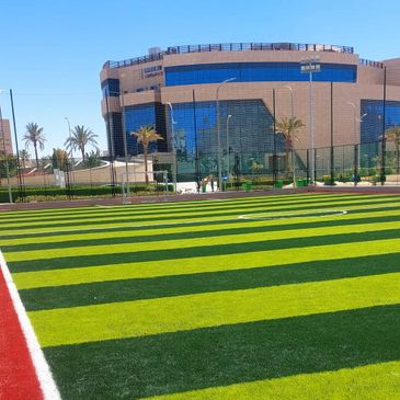 A modern building behind a green-striped artificial turf field under a clear blue sky.