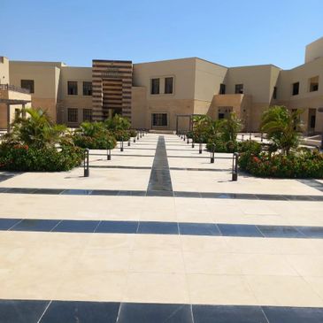 Modern courtyard with tiled walkways and greenery under a clear blue sky.