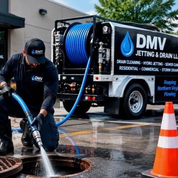 Worker cleaning a drain with high-pressure water jet.