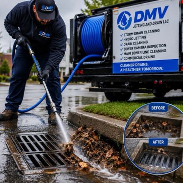 Worker cleaning storm drain with high-pressure hose.