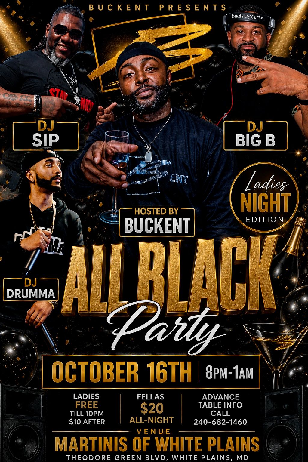 Flyer for All Black Party hosted by Buckent on October 16th.