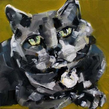Abstract painting of a cat with green eyes and a collar.