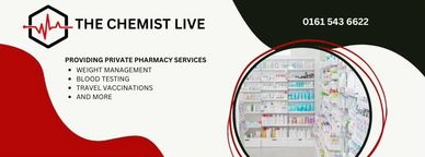 Banner for The Chemist Live offering private pharmacy services like weight management and vaccinations.