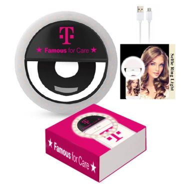 Portable selfie ring light with USB cable and branded packaging.
