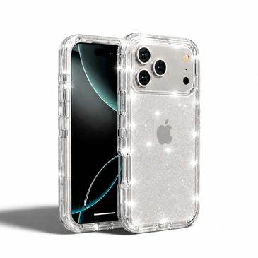 A sparkling clear phone case on an iPhone with triple cameras.