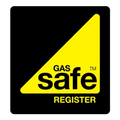 Yellow triangular Gas Safe Register logo on black background.