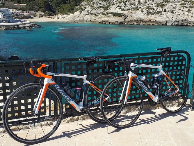 Wilier GTR Team bikes overlooking the sea & beach at Cala St Vicens Mallorca / Majorca