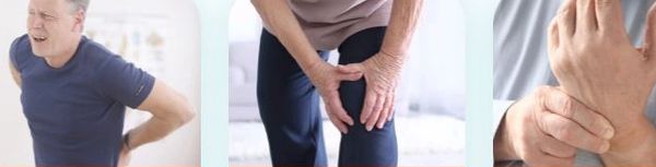Three images showing people with pain in their back, knee, and wrist.