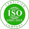 ISO 14001:2015 certified company logo in green.